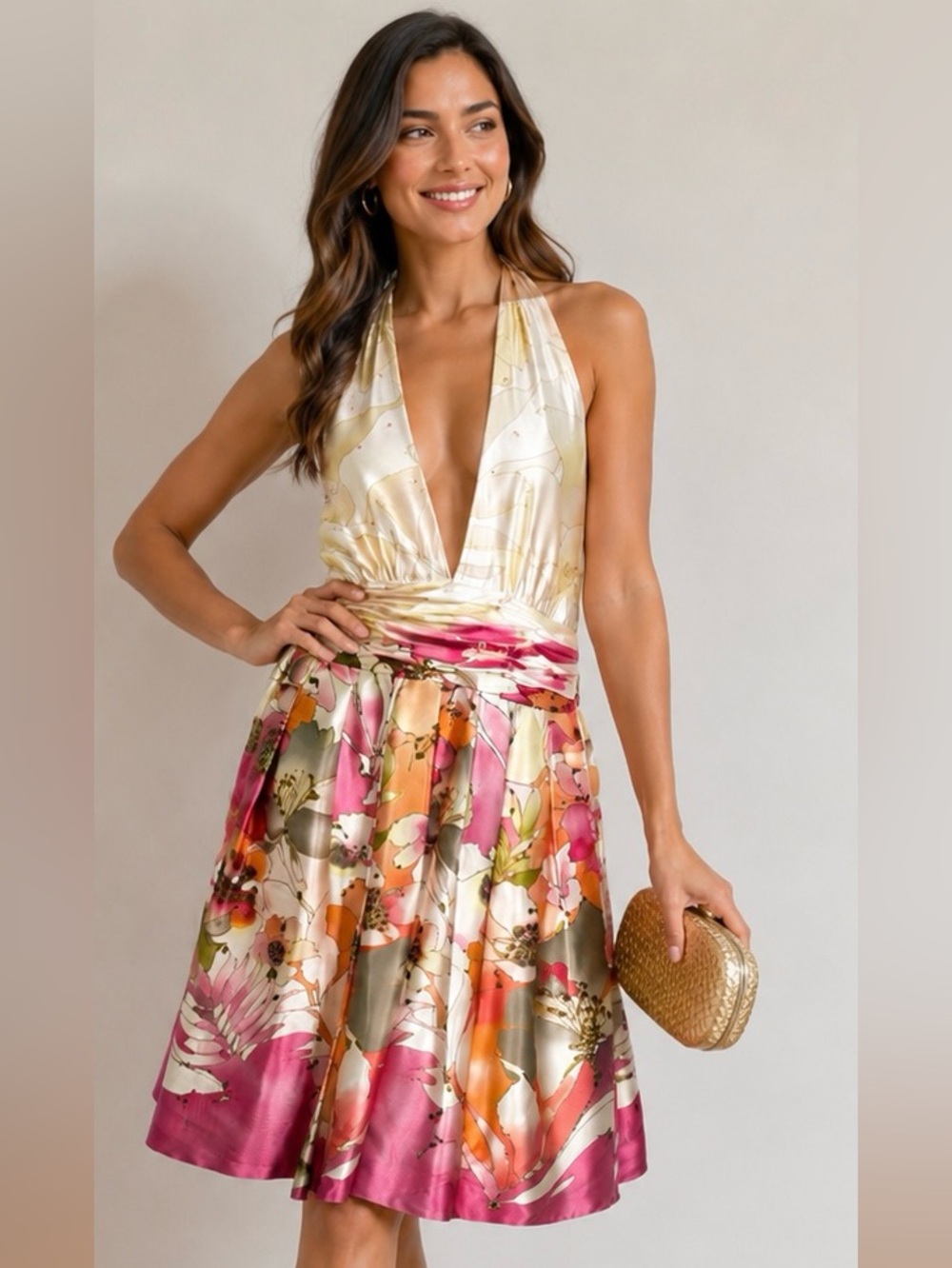 Adrianna Papell Beaded Silk Floral Backless Cocktail Dress Size 12